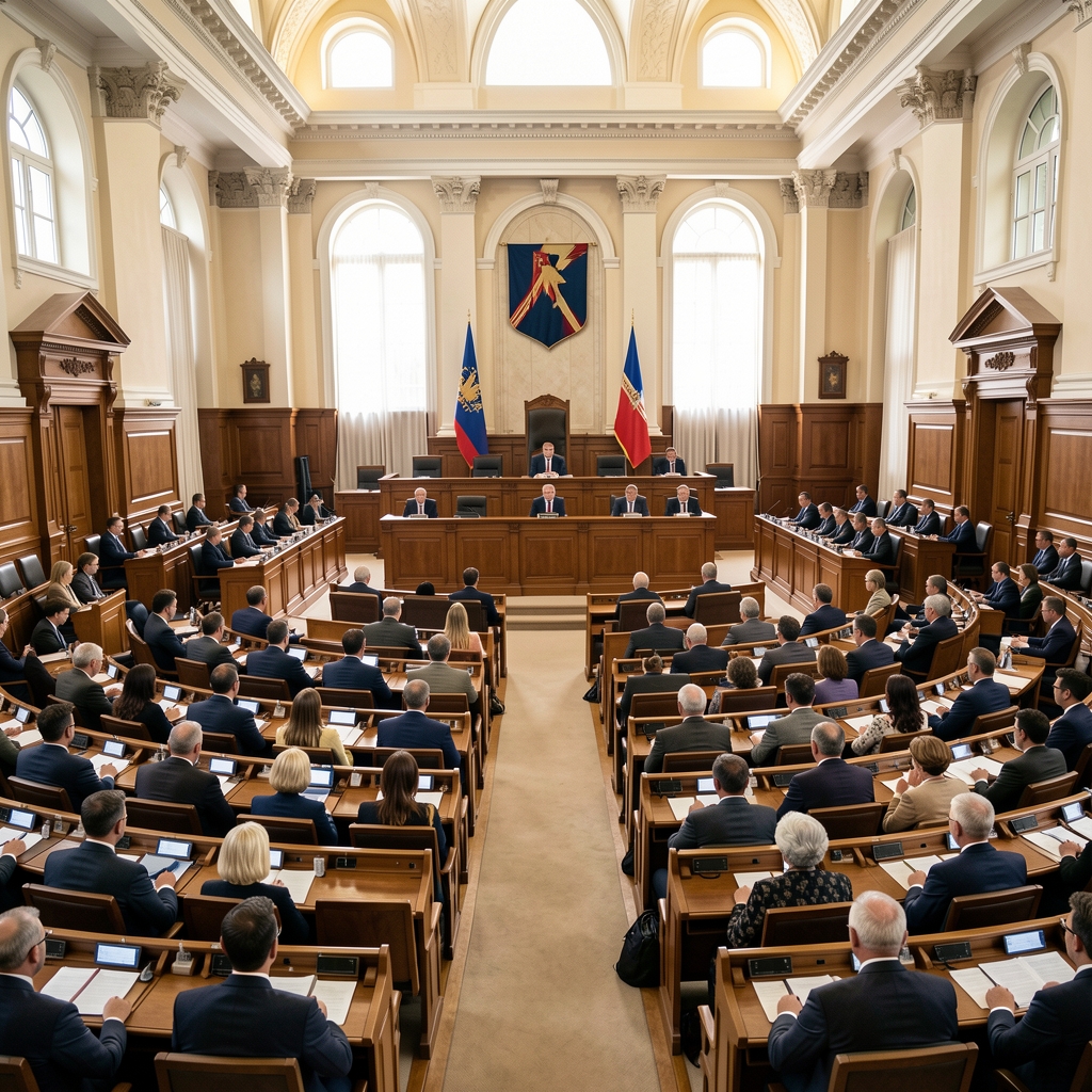 Скупштинска сала — пленарно засједање парламента Crne Gore са клупама посланика испуњеним делегатима