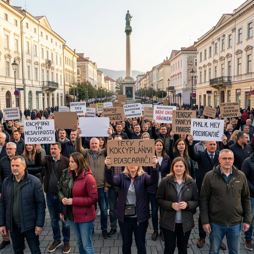 Протестна окупљање грађана на Тргу независности у Подгорици — разноврсна толпа са транспарентима